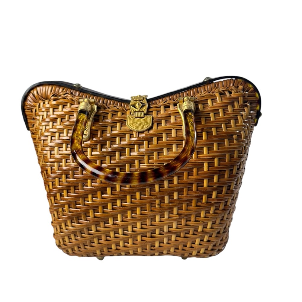 Vintage 80s Elegant Brown Woven Handbag - Picture 5 of 10